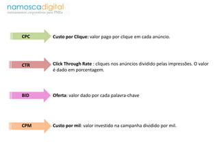 CPC Custo por Clique: valor pago por clique em cada anúncio. 
Click Through Rate : cliques nos anúncios dividido pelas impressões. O valor 
é dado em porcentagem. 
CTR 
Oferta: BID valor dado por cada palavra-chave 
CPM Custo por mil: valor investido na campanha dividido por mil. 
 