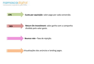 Custo por CPA aquisição: valor pago por cada conversão. 
Return On Investiment: valor ganho com a campanha 
dividido pelo valor gasto. 
ROI 
Bounce rate –Taxa de rejeição. 
Visualizações dos anúncios e landing pages. 
 