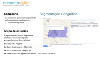 Campanha 
As campanhas podem ser segmentadas 
delimitando informações como: 
- Dados demográficos 
Grupo de anúncios 
A organização na criação do grupo de 
anúncios é fundamental para o 
acompanhamento dos resultados. 
Ex: Campanha Regional 
Ex: Botas de cano curto – São Paulo 
Ex: Botas de cano alto – Região Sul 
Ex: Frete Grátis e entrega em até 24horas - São Paulo – São Paulo 
 