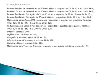 DISTRIBUIÇÃO POR HORÁRIOSReforço Escolar  de  Matemática da 5ª ou 6ª séries -  segunda de 08 às 10 h ou  14 às 16 h;Reforço  Escolar de  Matemática da 7ª ou 8ª séries -  segunda de 08 às 10 h ou  14 às 16 h;Reforço Escolar de  Português  da 5ª ou 6ª séries -  segunda de 08 às 10 h ou  14 às 16 h;Reforço Escolar de  Português da 7ª ou 8ª séries -  segunda de 08 às 10 h ou  14 às 16 h;Matemática para o Senai, IFPE e concursos – segundas e  quartas nos seguintes  horários:10 às 12h; 16 às 18h; 18 às 20h ou  20 às 22h; Português para o Senai, IFPE e concursos – segundas e  quartas nos seguintes  horários:10 às 12h; 16 às 18h; 18 às 20h ou  20 às 22h;Direito – sextas às 20h;Inglês Básico  - sábado às 14h;Geografia e História – sexta de 08 às 10h;Informática para Concursos – sexta de 10 às 12h;Química e Física – sexta de 18 às 20h;Matemática para Testes de Emprego; segunda, terça, quarta, quinta ou sexta , de 12h;30