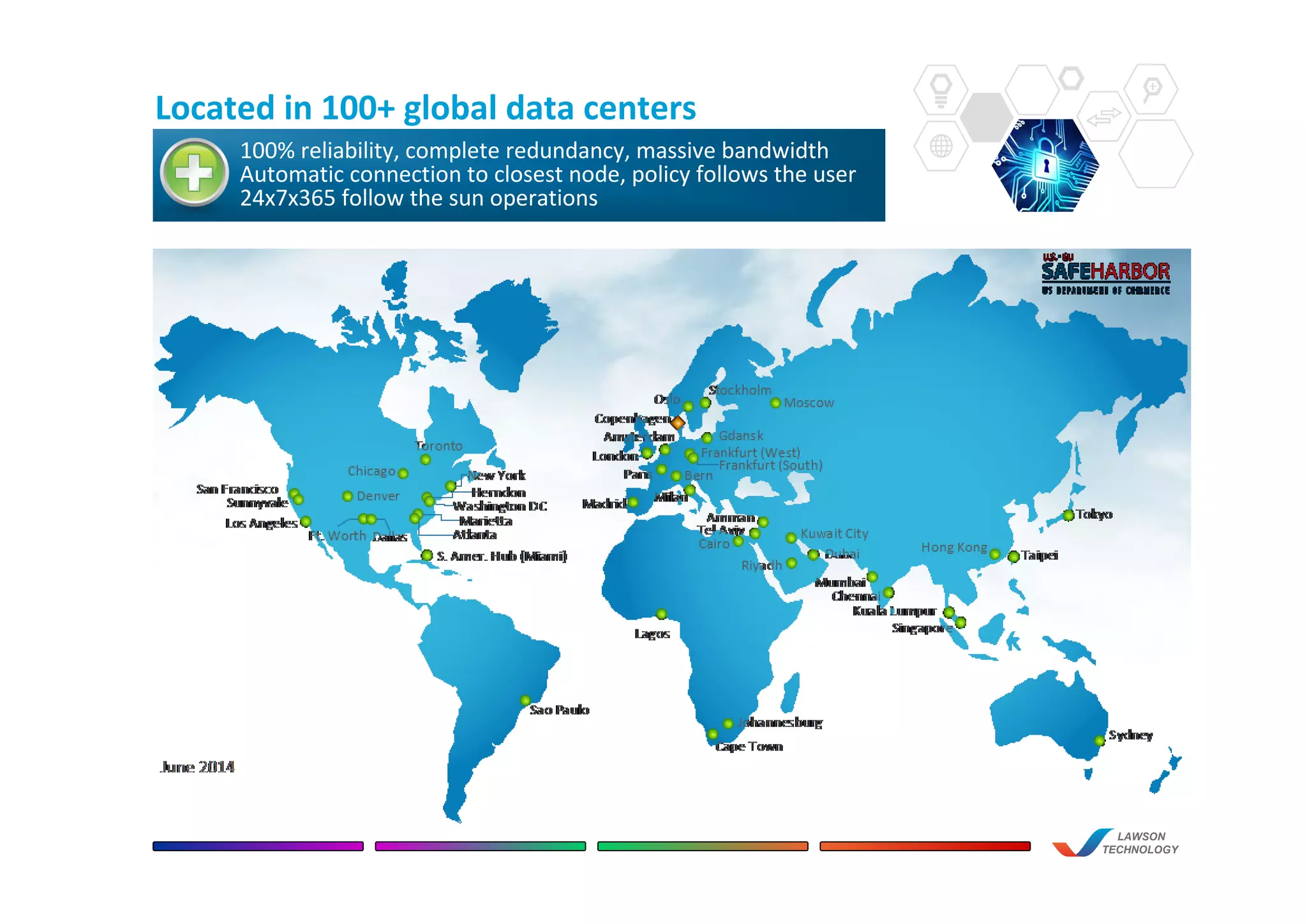 Located in 100+ global data centers
LAWSON
TECHNOLOGY
100% reliability, complete redundancy, massive bandwidth
Automatic connection to closest node, policy follows the user
24x7x365 follow the sun operations
 