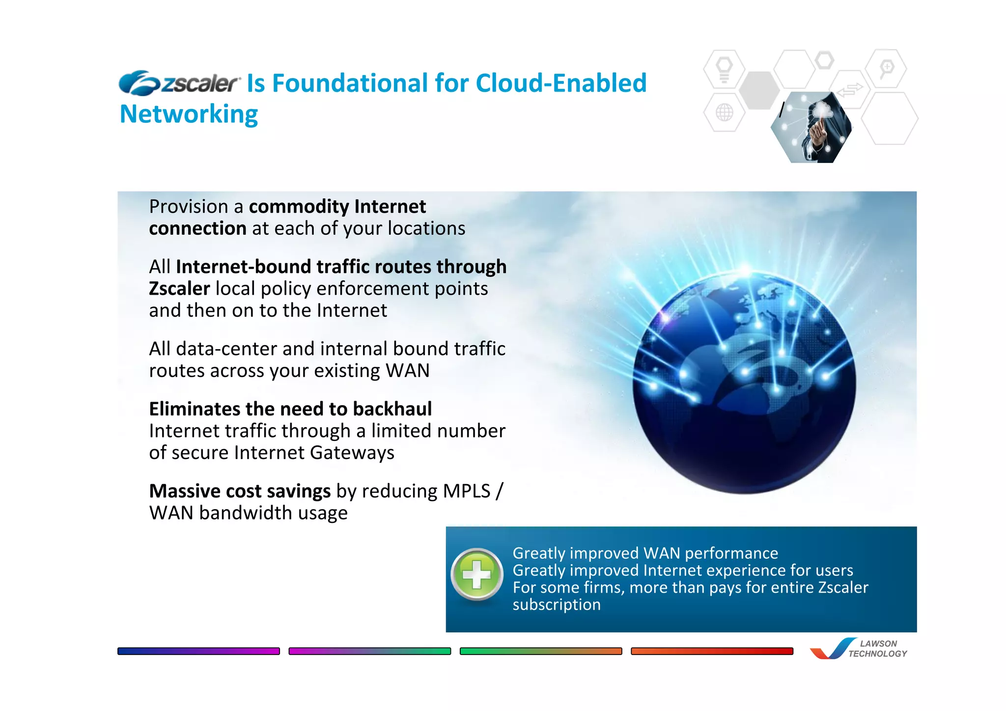 /
Is Foundational for Cloud-Enabled
Networking
LAWSON
TECHNOLOGY
Provision a commodity Internet
connection at each of your locations
All Internet-bound traffic routes through
Zscaler local policy enforcement points
and then on to the Internet
All data-center and internal bound traffic
routes across your existing WAN
Eliminates the need to backhaul
Internet traffic through a limited number
of secure Internet Gateways
Massive cost savings by reducing MPLS /
WAN bandwidth usage
Greatly improved WAN performance
Greatly improved Internet experience for users
For some firms, more than pays for entire Zscaler
subscription
 