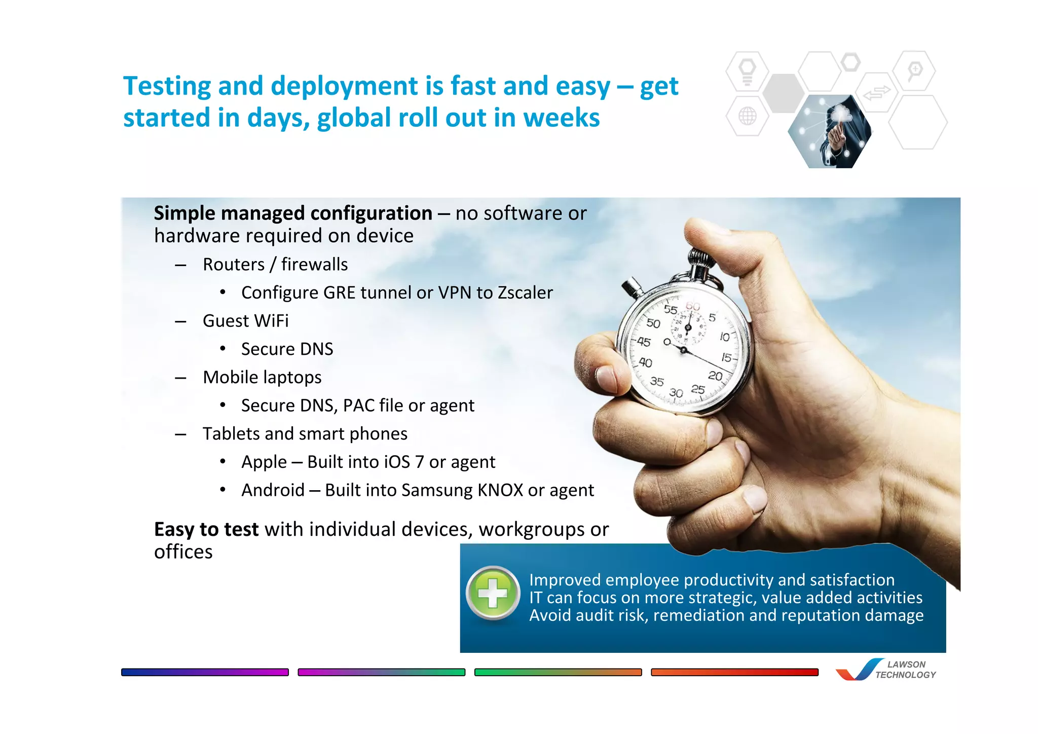 Testing and deployment is fast and easy – get
started in days, global roll out in weeks
LAWSON
TECHNOLOGY
Improved employee productivity and satisfaction
IT can focus on more strategic, value added activities
Avoid audit risk, remediation and reputation damage
Simple managed configuration – no software or
hardware required on device
– Routers / firewalls
• Configure GRE tunnel or VPN to Zscaler
– Guest WiFi
• Secure DNS
– Mobile laptops
• Secure DNS, PAC file or agent
– Tablets and smart phones
• Apple – Built into iOS 7 or agent
• Android – Built into Samsung KNOX or agent
Easy to test with individual devices, workgroups or
offices
 
