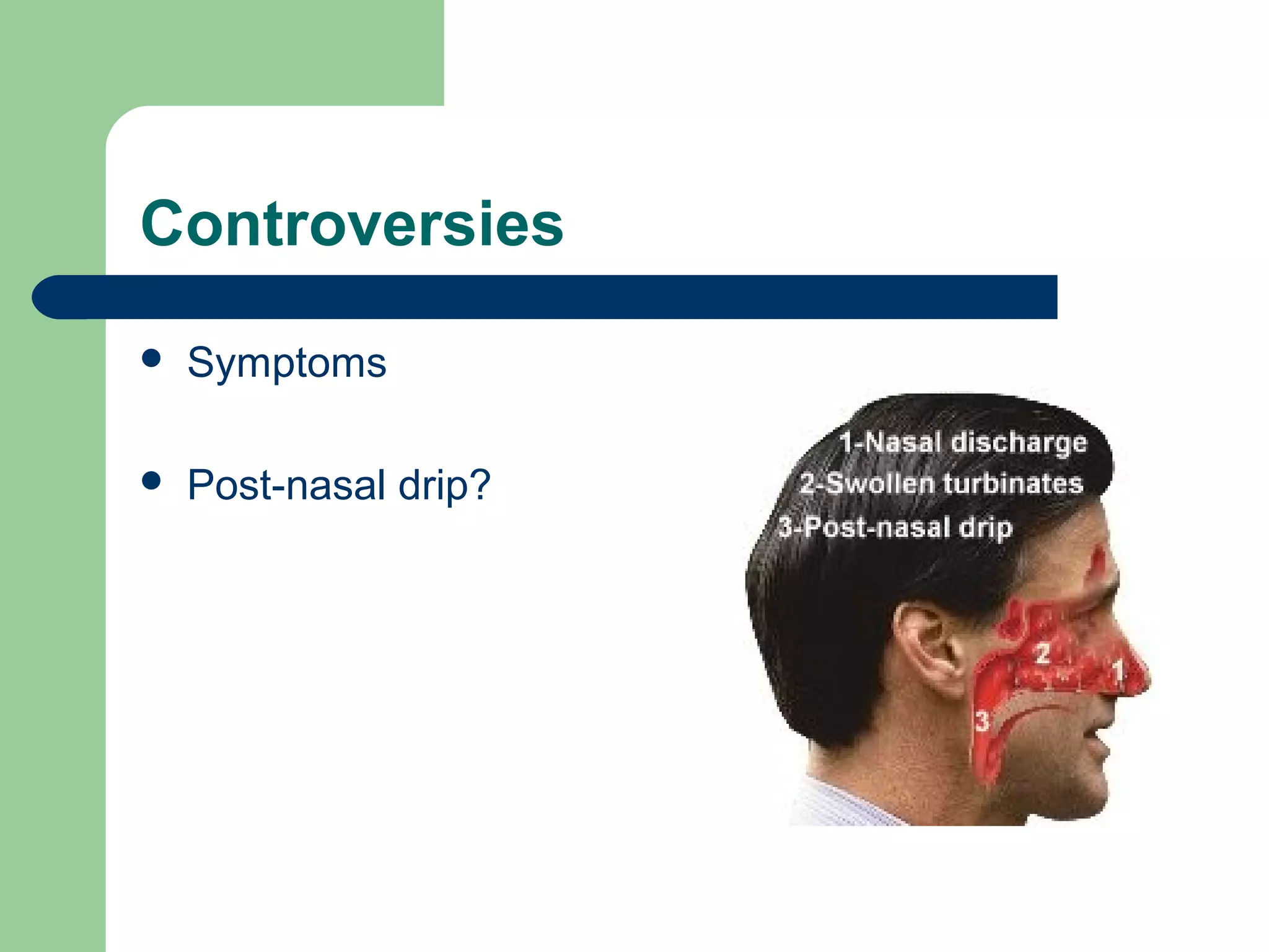 Controversies
   Symptoms

   Post-nasal drip?
 