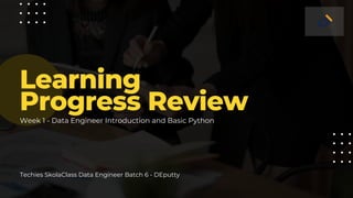 Learning

Progress Review
Week 1 - Data Engineer Introduction and Basic Python
Techies SkolaClass Data Engineer Batch 6 - DEputty
 
