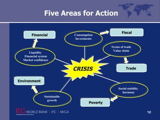 Five Areas for Action Fiscal Trade   Poverty Environment Consumption Investments Liquidity  Financial system Market confidence Sustainable  growth Social stability  harmony Terms of trade Value chain CRISIS Financial 