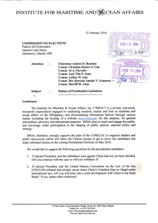IMOA: Letter to COMELEC re Debate of Presidential Candidates Received