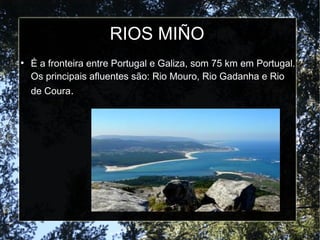 RIOS MIÑO
●
É a fronteira entre Portugal e Galiza, som 75 km em Portugal.
Os principais afluentes são: Rio Mouro, Rio Gadanha e Rio
de Coura.
 