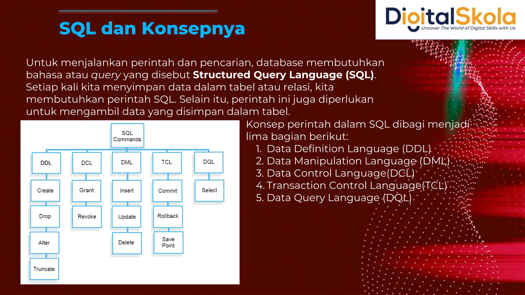 Untuk menjalankan perintah dan pencarian, database membutuhkan
bahasa atau query yang disebut Structured Query Language (SQL).
Setiap kali kita menyimpan data dalam tabel atau relasi, kita
membutuhkan perintah SQL. Selain itu, perintah ini juga diperlukan
untuk mengambil data yang disimpan dalam tabel.
SQL dan Konsepnya
Konsep perintah dalam SQL dibagi menjadi
lima bagian berikut:
1. Data Definition Language (DDL)
2. Data Manipulation Language (DML)
3. Data Control Language(DCL)
4. Transaction Control Language(TCL)
5. Data Query Language (DQL)
 