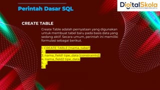 CREATE TABLE
Create Table adalah pernyataan yang digunakan
untuk membuat tabel baru pada basis data yang
sedang aktif. Secara umum, perintah ini memiliki
formulasi sebagai berikut.
1. CREATE TABLE ['nama_tabel']
2. (
3. nama_field1 tipe_data [constraints][,
4. nama_field2 tipe_data,
5. ...]
6. )
Perintah Dasar SQL
 