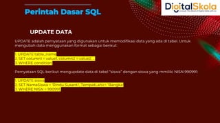 UPDATE DATA
UPDATE adalah pernyataan yang digunakan untuk memodifikasi data yang ada di tabel. Untuk
mengubah data menggunakan format sebagai berikut:
1. UPDATE table_name
2. SET column1 = value1, column2 = value2, ...
3. WHERE condition;
Pernyataan SQL berikut mengupdate data di tabel “siswa” dengan siswa yang mmiliki NISN 990991:
1. UPDATE siswa
2. SET NamaSiswa = ‘Rindu Susanti', TempatLahir= ‘Bangka'
3. WHERE NISN = 990991;
Perintah Dasar SQL
 
