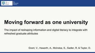 Moving forward as one university
The impact of reshaping information and digital literacy to integrate with
refreshed graduate attributes
Grant, V., Haworth, A., McIndoe, S., Sadler, R. & Taylor, D.
 