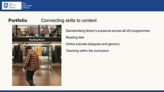 Portfolio Connecting skills to content
Standardising library’s presence across all UG programmes
Reading lists
Online tuto...