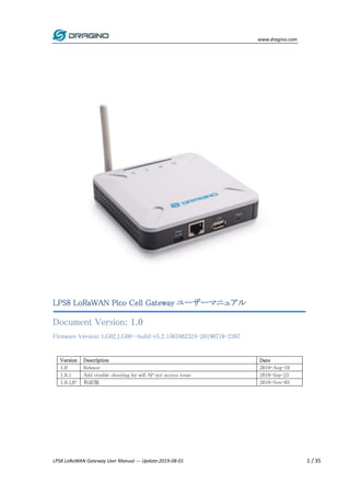 www.dragino.com
LPS8 LoRaWAN Gateway User Manual --- Update:2019-08-01 1 / 35
LPS8 LoRaWAN Pico Cell Gateway ユーザーマニュアル
Document Version: 1.0
Firmware Version: LG02_LG08--build-v5.2.1563462324-20190718-2307
Version Description Date
1.0 Release 2019-Aug-10
1.0.1 Add trouble shooting for wifi AP not access issue 2019-Sep-23
1.0.1JP 和訳版 2019-Nov-03
 