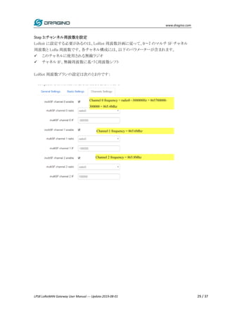 www.dragino.com
LPS8 LoRaWAN Gateway User Manual --- Update:2019-08-01 29 / 37
Step 3:チャンネル周波数を設定
LoRoit に設定する必要があるのは、LoRiot 周波数計画に従って、0〜7 のマルチ SF チャネル
周波数と LoRa 周波数です。各チャネル構成には、以下のパラメーターが含まれます。
 このチャネルに使用される無線ラジオ
 チャネル IF、無線周波数に基づく周波数シフト
LoRiot 周波数プランの設定は次のとおりです：
Channel 2 frequency = 865.8Mhz
Channel 0 frequency = radio0 –300000Hz = 865700000-
300000 = 865.4Mhz
Channel 1 frequency = 865.6Mhz
 