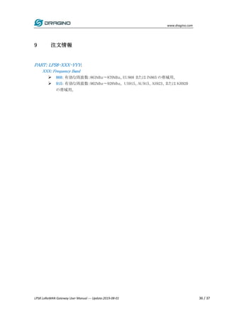www.dragino.com
LPS8 LoRaWAN Gateway User Manual --- Update:2019-08-01 36 / 37
9 注文情報
PART: LPS8-XXX-YYY:
XXX: Frequency Band
 868: 有効な周波数：863Mhz〜870Mhz。EU868 または IN865 の帯域用。
 915: 有効な周波数：902Mhz〜928Mhz。 US915、AU915、AS923、または KR920
の帯域用。
 