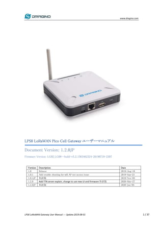 www.dragino.com
LPS8 LoRaWAN Gateway User Manual --- Update:2019-08-01 1 / 37
LPS8 LoRaWAN Pico Cell Gateway ユーザーマニュアル
Doc...