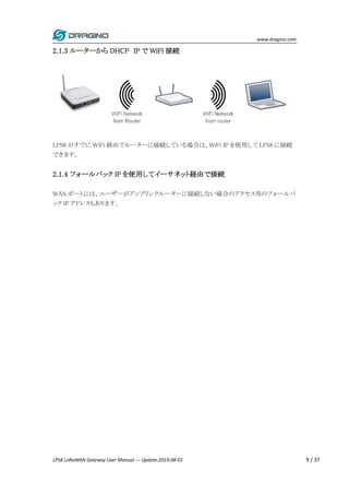 www.dragino.com
LPS8 LoRaWAN Gateway User Manual --- Update:2019-08-01 9 / 37
2.1.3 ルーターから DHCP IP で WiFi 接続
LPS8 がすでに WiF...