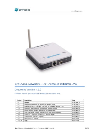 www.dragino.com
普及型 8 チャンネル LoRaWAN ゲートウェイ LPS8-JP 日本語マニュアル 1 / 51
8 チャンネル LoRaWAN ゲートウェイ LPS8-JP 日本語マニュアル
Document Version: 1.3.0
Firmware Version: lgw--build-v5.4.1615882321-20210316-1613
Version Description Date
1.0 Release 2019-Aug-10
1.0.1 Add trouble shooting for wifi AP not access issue 2019-Sep-23
1.0.2 Change the HTTP Port and SSH port for firmware version > v5.3 2019-Oct-26
1.1.0 Add more features such packet filter, remote access 2020-Mar-02
1.1.1 Polish network access description to make it clear 2020-Mar-16
1.2.0 Add TTN server explain, change to use new UI and firmware 2020-May-27
1.3.0 Add Auto – provision (system --> Remote Mgnt) 2021-Jan-3
1.3.1 Add Amazon AWS-IoT Support 2021-Mar-27
1.3.2 Change to use TTNv3 2021-Jul-5
1.3.2-JP 和訳 2021-Jul-6
 