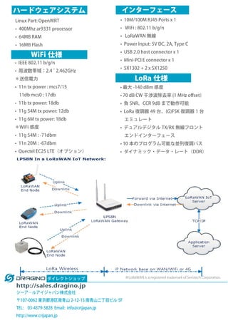 ※LoRaWAN is a registered trademark of Semtech Corporation.
• 10M/100M RJ45 Ports x 1
• WiFi : 802.11 b/g/n
• LoRaWAN 無線
• ...
