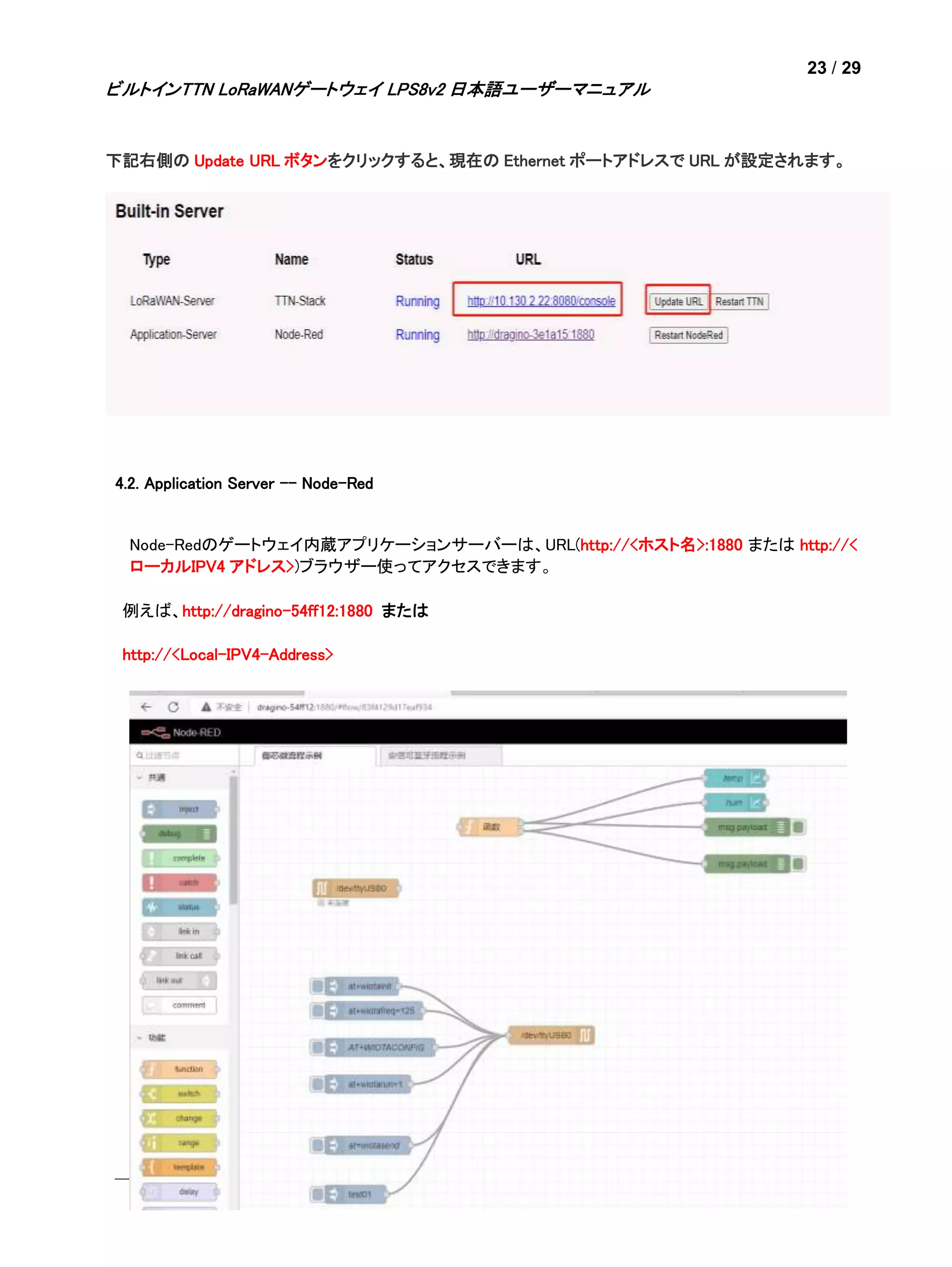 23 / 29
ビルトインTTN LoRaWANゲートウェイ LPS8v2 日本語ユーザーマニュアル
下記右側の Update URL ボタンをクリックすると、現在の Ethernet ポートアドレスで URL が設定されます。
4.2. Application Server -- Node-Red
Node-Redのゲートウェイ内蔵アプリケーションサーバーは、URL(http://<ホスト名>:1880 または http://<
ローカルIPV4 アドレス>)ブラウザー使ってアクセスできます。
例えば、http://dragino-54ff12:1880 または
http://<Local-IPV4-Address>
 