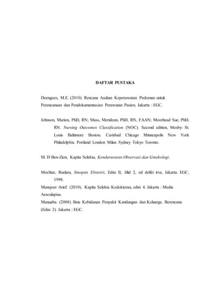 DAFTAR PUSTAKA
Doengoes, M.E. (2010). Rencana Asuhan Keperawatan: Pedoman untuk
Perencanaan dan Pendokumentasian Perawatan Pasien. Jakarta : EGC.
Johnson, Marion, PhD, RN; Mass, Meridean, PhD, RN, FAAN; Moorhead Sue, PhD,
RN. Nursing Outcomes Classification (NOC). Second edition, Mosby: St.
Louis Baltimore Boston. Carisbad Chicago Minneapolis New York
Philadelphia Portland London Milan Sydney Tokyo Toronto.
M. D Ben-Zion, Kapita Selekta, Kendaruratan Observasi dan Ginekologi.
Mochtar, Ruslam, Sinopsis Ebstetri, Edisi II, Jilid 2, ed delfei irva, Jakarta: EGC,
1998.
Mansjoer Arief. (2010). Kapita Selekta Kedokteran, edisi 4. Jakarta : Media
Aesculapius.
Manuaba. (2008). Ilmu Kebidanan Penyakit Kandungan dan Keluarga. Berencana
(Edisi 2). Jakarta : EGC.
 