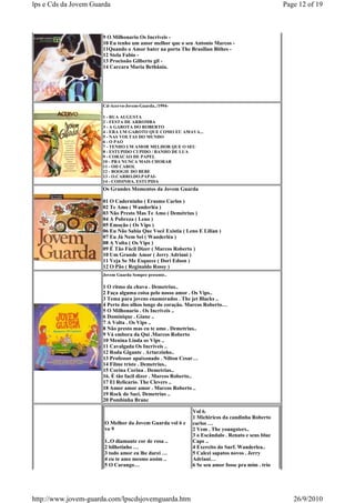 lps e Cds da Jovem Guarda                                                                        Page 12 of 19



                      9 O Milhonario Os Incriveis -
                      10 Eu tenho um amor melhor que o seu Antonio Marcos -
                      11Quando o Amor bater na porta The Brasilian Bithes -
                      12 Stela Fabio -
                      13 Procissão Gilberto gil -
                      14 Carcara Maria Bethânia.




                      Cd-Acervo-Jovem-Guarda../1994-

                      1 - RUA AUGUSTA
                      2 - FESTA DE ARROMBA
                      3 - A GAROTA DO ROBERTO
                      4 - ERA UM GAROTO QUE COMO EU AMAVA...
                      5 - NAS VOLTAS DO MUNDO
                      6 - O PAO
                      7 - TENHO UM AMOR MELHOR QUE O SEU
                      8 - ESTUPIDO CUPIDO / BANHO DE LUA
                      9 - CORACAO DE PAPEL
                      10 - PRA NUNCA MAIS CHORAR
                      11 - OH CAROL
                      12 - BOOGIE DO BEBE
                      13 - O.CARRO.DO.PAPAI-
                      14 - COISINHA. ESTUPIDA
                      Os Grandes Momentos da Jovem Guarda

                      01 O Caderninho ( Erasmo Carlos )
                      02 Te Amo ( Wanderléa )
                      03 Não Presto Mas Te Amo ( Demétrius )
                      04 A Pobreza ( Leno )
                      05 Emoção ( Os Vips )
                      06 Eu Não Sabia Que Você Existia ( Leno E Lilian )
                      07 Eu Já Nem Sei ( Wanderléa )
                      08 A Volta ( Os Vips )
                      09 É Tão Fácil Dizer ( Marcos Roberto )
                      10 Um Grande Amor ( Jerry Adriani )
                      11 Veja Se Me Esquece ( Dori Edson )
                      12 O Pão ( Reginaldo Rossy )
                      Jovem Guarda Sempre presente..

                      1 O ritmo da chuva . Demetrius..
                      2 Faça alguma coisa pelo nosso amor . Os Vips..
                      3 Tema para jovens enamorados . The jet Blacks ..
                      4 Perto dos olhos longe do coraçâo. Marcos Roberto…
                      5 O Milhonario . Os Incriveis ..
                      6 Dominique . Giane ..
                      7 A Volta . Os Vips ..
                      8 Não presto mas eu te amo . Demetrius..
                      9 Vá embora da Qui .Marcos Roberto
                      10 Menina Linda os Vips ..
                      11 Cavalgada Os Incriveis ..
                      12 Roda Gigante . Arturzinho..
                      13 Professor apaixonado . Nilton Cesar…
                      14 Filme triste . Demetrius..
                      15 Corina Corina . Demetrius..
                      16. É tão facil dizer . Marcos Roberto..
                      17 El Relicario. The Clevers ..
                      18 Amor amor amor . Marcos Roberto ..
                      19 Rock do Saci. Demetrius ..
                      20 Pombinha Branc

                                                            Vol 6.
                                                            1 Michiricos da candinha Roberto
                       O Melhor da Jovem Guarda vol 6 e     carlos …
                       vo 9                                 2 Vem . The youngsters..
                                                            3 o Escândalo . Renato e seus blue
                       1..O diamante cor de rosa ..         Caps ..
                       2 bilhetinho …                       4 Exercito do Surf. Wanderlea..
                       3 todo amor eu lhe darei …           5 Calcei sapatos novos . Jerry
                       4 eu te amo mesmo assim ..           Adriani…
                       5 O Carango…                         6 Se seu amor fosse pra mim . trio




http://www.jovem-guarda.com/lpscdsjovemguarda.htm                                                   26/9/2010
 
