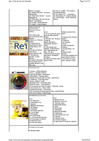 lps e Cds da Jovem Guarda                                                                               Page 2 of 19



                       Kisser's Lostapes                     10) “Savoy Truffle” - Os Canibais
                       13) “Rocky Raccoon” - Carmem          com Renato Rocha
                       Manfredini                            11) “Cry Baby Cry” - Autoramas
                       14) “Don’t Pass Me By” - Ayrton       12) “Revolution 9” - Rogério Skylab
                       Mugnaini Jr.                          13) “Good Night” - Jerry Adriani &
                       15) “Why Don’t We do It In the        Tantra
                       Road” - Surfadelica
                       16) “I Will” - Érika Martins
                       17) “Julia” - Celso Fonseca
                       Tributo ao Rei 3 cds
                       vol.1..vol.2..vol.3..
                       Cadeaux de mon ami
                       Okimoto                vol. 2                        Tributo aao Rei Série
                                              1 .Só vou gostar de quem      Ouro..
                       vol 1 .Quero que       gosta de mim..Elymar
                       tervoce perto de mim . Santos.                       1 Falando sério .Elymar
                       Rosana                 2 .Elas por elas . Rosana..   Santos ..
                       2 Qutra vez . Elymar 3 Jogo de                       2 Ciúme de
                       Santos..               Dama .Martinha ..             você .Rosana..
                       3 Canzone per te .     4 Roseinha. Renato e          3 Nossa
                       Wanderlei Cardoso . S.B.C..                          Canção .Wanderlei
                       4 Pega ladrão . Os     5 Todo mundo esta             Cardoso.
                       Vips..                 falando . Caiby Peixoto..     4 .É papo firme . Os
                       5 Eu não vou deixar    6 O velho homem do            vips..
                       você tão só..          Mar . Os vips ..              5 Sonho Lindo .
                       6 Rosa Maria Colin     7 Dizem que um homem          Rosana ..
                       7 .Desenho nas         não chora . Wanderlei         6 Um jeito estúpido de te
                       paredes . Caubi        Cardoso..                     amar..Elymar Santos ..
                       peixoto..              8 Voltei ao Passado. Rose     7 Você Não cerve pra
                       8 Coimbra Martinha.. Maria Colin.                    mim .. Renato e S.B.C.
                       9 Com muito amor e
                       carinho. Renato e seus
                       blue caps.
                      LP só sucessos vol 2

                      1 A praça ...Wilson Simonal
                      2 Livre ... Agnaldo Timoteo
                      3 Cpração de papel ...Sergio Reis
                      4 Vida minha .. Altemar dutra
                      5 Mamãe ele esta de olho em mim... Suzi darlen
                      6 A feitiçeira .. Trio Esperança
                      7 Sunny... Roberto Audy
                      8 Pensando Nela .. Os Golden Boys
                      9 Ébrio de Amor ... Trio Irakitan
                      10 Vem quente que estou fervendo ... Eduardo Araujo
                      11 Eu só quero ver ... Deny e Dino
                      12 Palmas no Portão ... Elza Soares
                      13 Só vou gostar de quem gosta de mim... Rossini Pintp
                      14 Eu você e a Rosa .. Clara Nunes
                       Na Onda do yé yé yé vol 2
                                                             CD 2
                       CD 1
                                                             1. Banho De Lua
                       1. Eu Esperarei
                                                             2. Run For Your Life
                       2. Twist Outra Vez
                                                             3. Twist Do Amor
                       3. Quando
                                                             4. Help Help Mamye
                       4. Bikinis E Borboletas
                                                             5. Nana
                       5. Oh Johnny
                                                             6. Broto Feliz
                       6. Ciuminho
                                                             7. O Rebelde
                       7. Por Onde Anda Ela
                                                             8. Rock Do Mendigo
                       8. Vai Ser Bom
                                                             9. Telefonema
                       9. Personality
                                                             10. Me Lembro De Você
                       10. Cartão Postal
                                                             11. Decisão
                       11. A Casa Do Sol Nascente
                                                             12. Ingrato Amor
                       12. Procurando Um Broto
                                                             13. Vereda Tropical
                       13. Rock Do Vovô
                                                             14. Quero Que Vá Tudo Pro Inferno
                       14. Febre De Minos


                      Pra Sempre Jovem Guarda

                      01 Menina Linda




http://www.jovem-guarda.com/lpscdsjovemguarda.htm                                                         26/9/2010
 