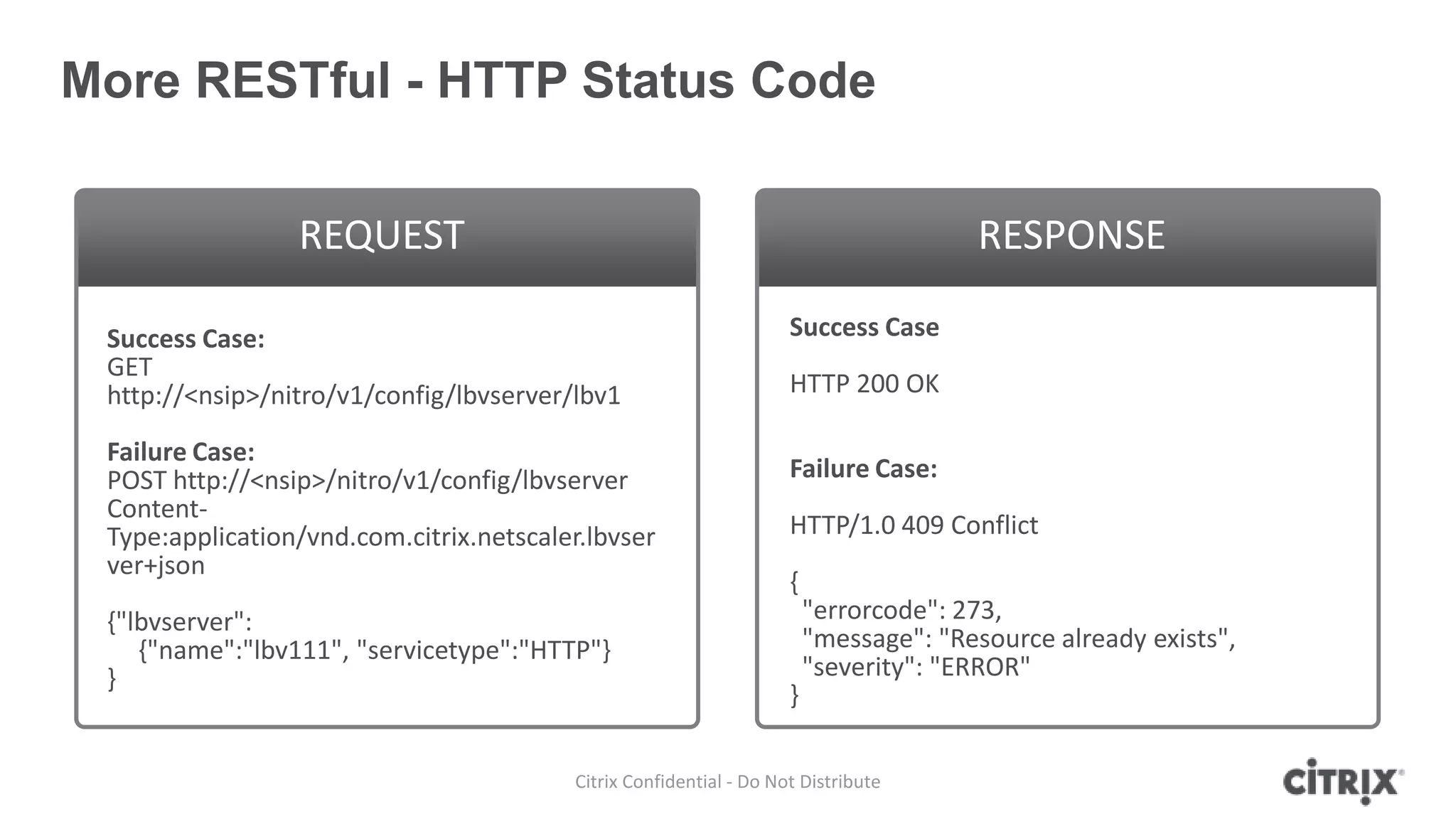 More RESTful - HTTP Status Code

                 REQUEST                                                              RESPONSE

 Success Case:                                                      Success Case
 GET
 http://<nsip>/nitro/v1/config/lbvserver/lbv1                       HTTP 200 OK

 Failure Case:
 POST http://<nsip>/nitro/v1/config/lbvserver                       Failure Case:
 Content-
 Type:application/vnd.com.citrix.netscaler.lbvser                   HTTP/1.0 409 Conflict
 ver+json
                                                                    {
 {"lbvserver":                                                          "errorcode": 273,
    {"name":"lbv111", "servicetype":"HTTP"}                             "message": "Resource already exists",
 }                                                                      "severity": "ERROR"
                                                                    }

                                         Citrix Confidential - Do Not Distribute
 