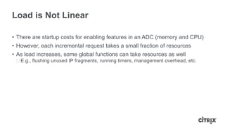 Load is Not Linear

• There are startup costs for enabling features in an ADC (memory and CPU)
• However, each incremental request takes a small fraction of resources
• As load increases, some global functions can take resources as well
 ᵒE.g., flushing unused IP fragments, running timers, management overhead, etc.
 