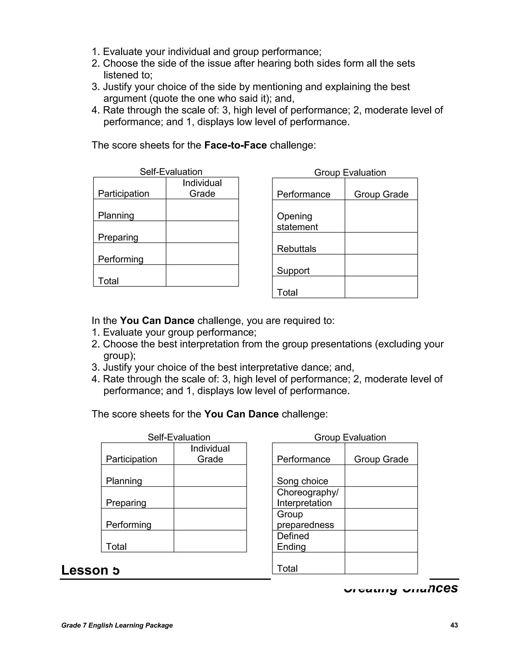 Grade 7 English Learning Package 
43 
1. Evaluate your individual and group performance; 
2. Choose the side of the issue after hearing both sides form all the sets 
listened to; 
3. Justify your choice of the side by mentioning and explaining the best 
argument (quote the one who said it); and, 
4. Rate through the scale of: 3, high level of performance; 2, moderate level of 
performance; and 1, displays low level of performance. 
The score sheets for the Face-to-Face challenge: 
In the You Can Dance challenge, you are required to: 
1. Evaluate your group performance; 
2. Choose the best interpretation from the group presentations (excluding your 
group); 
3. Justify your choice of the best interpretative dance; and, 
4. Rate through the scale of: 3, high level of performance; 2, moderate level of 
performance; and 1, displays low level of performance. 
The score sheets for the You Can Dance challenge: 
Lesson 5 
Creating Chances 
Self-Evaluation 
Participation 
Individual Grade 
Planning 
Preparing 
Performing 
Total 
Group Evaluation 
Performance 
Group Grade 
Opening statement 
Rebuttals 
Support 
Total 
Self-Evaluation 
Participation 
Individual Grade 
Planning 
Preparing 
Performing 
Total 
Group Evaluation 
Performance 
Group Grade 
Song choice 
Choreography/ 
Interpretation 
Group 
preparedness 
Defined 
Ending 
Total 
 