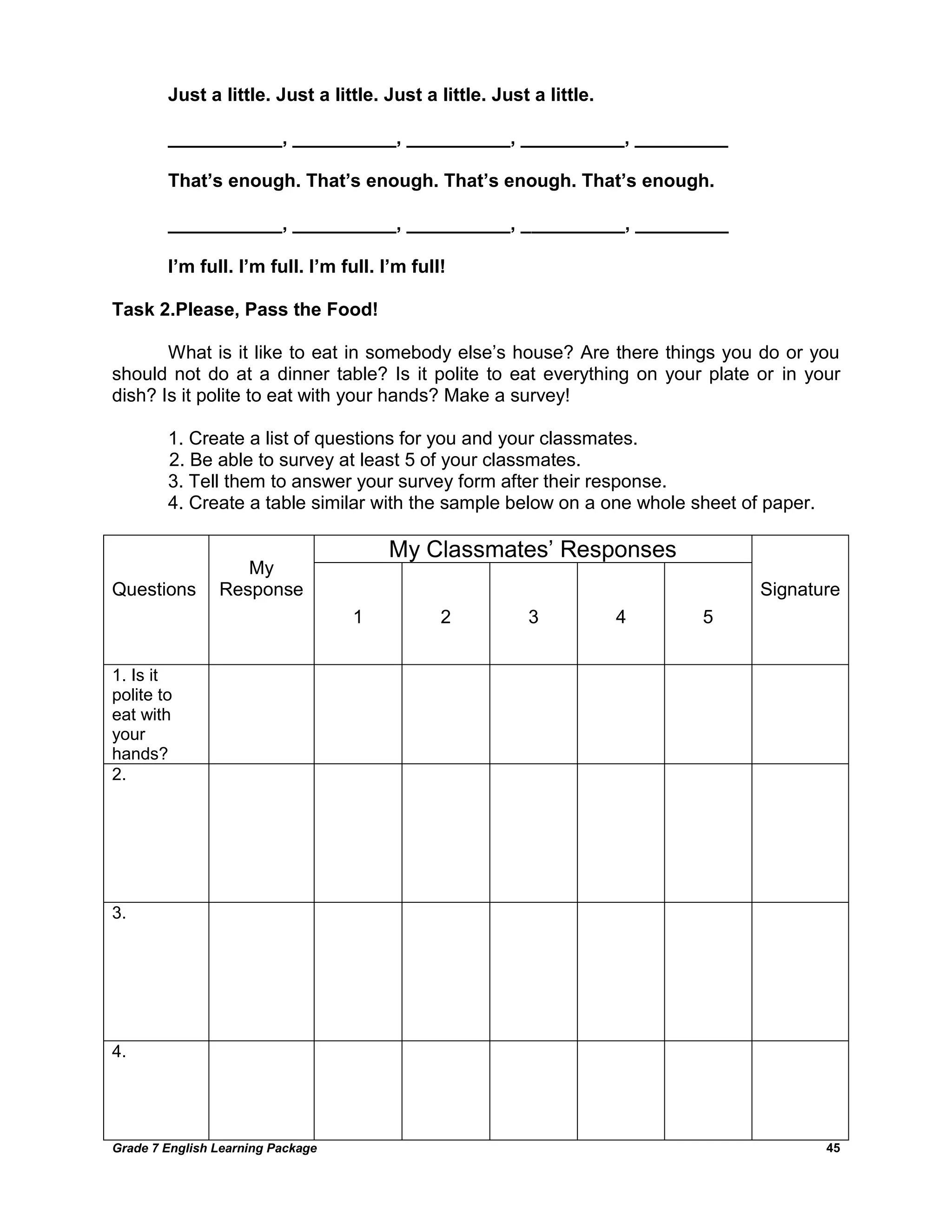 Grade 7 English Learning Package 
45 
Just a little. Just a little. Just a little. Just a little. 
___________, __________, __________, __________, _________ 
That’s enough. That’s enough. That’s enough. That’s enough. 
___________, __________, __________, __________, _________ 
I’m full. I’m full. I’m full. I’m full! 
Task 2.Please, Pass the Food! 
What is it like to eat in somebody else‘s house? Are there things you do or you should not do at a dinner table? Is it polite to eat everything on your plate or in your dish? Is it polite to eat with your hands? Make a survey! 
1. Create a list of questions for you and your classmates. 
2. Be able to survey at least 5 of your classmates. 
3. Tell them to answer your survey form after their response. 
4. Create a table similar with the sample below on a one whole sheet of paper. 
Questions 
My Response 
My Classmates‘ Responses 
Signature 
1 
2 
3 
4 
5 
1. Is it polite to eat with your hands? 
2. 
3. 
4. 
 