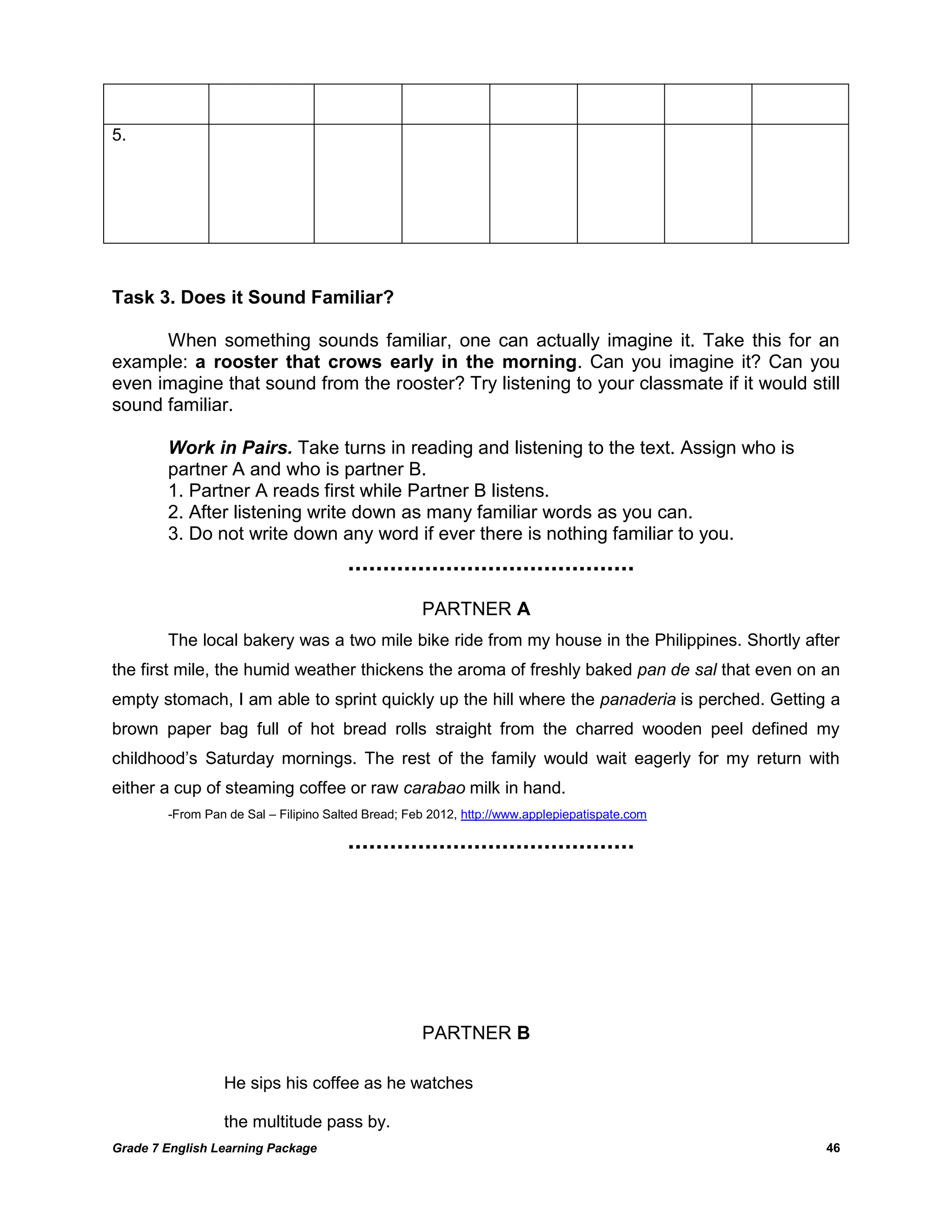 Grade 7 English Learning Package 
46 
5. 
Task 3. Does it Sound Familiar? 
When something sounds familiar, one can actually imagine it. Take this for an example: a rooster that crows early in the morning. Can you imagine it? Can you even imagine that sound from the rooster? Try listening to your classmate if it would still sound familiar. 
Work in Pairs. Take turns in reading and listening to the text. Assign who is 
partner A and who is partner B. 
1. Partner A reads first while Partner B listens. 
2. After listening write down as many familiar words as you can. 
3. Do not write down any word if ever there is nothing familiar to you. 
PARTNER A 
The local bakery was a two mile bike ride from my house in the Philippines. Shortly after the first mile, the humid weather thickens the aroma of freshly baked pan de sal that even on an empty stomach, I am able to sprint quickly up the hill where the panaderia is perched. Getting a brown paper bag full of hot bread rolls straight from the charred wooden peel defined my childhood‘s Saturday mornings. The rest of the family would wait eagerly for my return with either a cup of steaming coffee or raw carabao milk in hand. 
-From Pan de Sal – Filipino Salted Bread; Feb 2012, http://www.applepiepatispate.com 
PARTNER B 
He sips his coffee as he watches 
the multitude pass by.  