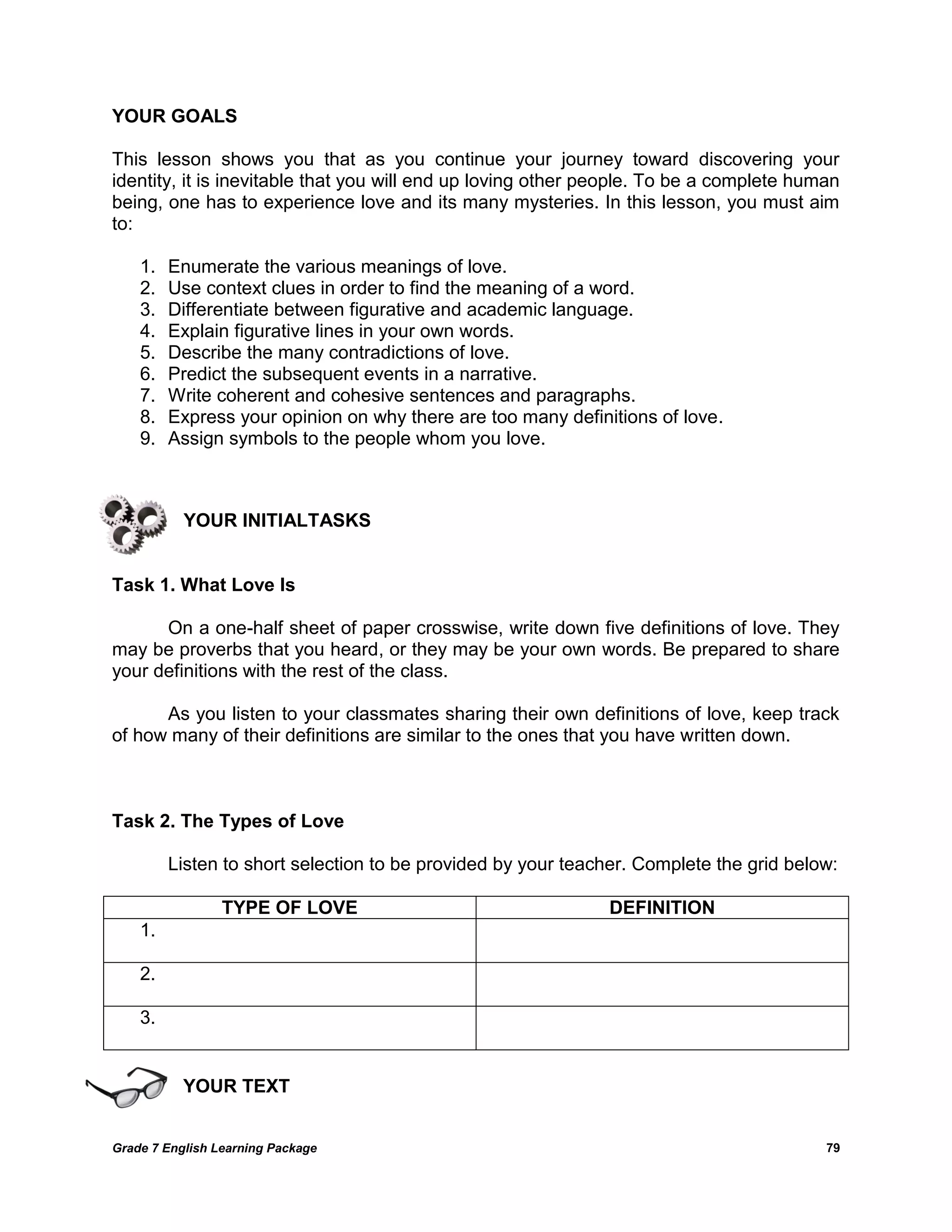 Grade 7 English Learning Package 
79 
YOUR GOALS 
This lesson shows you that as you continue your journey toward discovering your identity, it is inevitable that you will end up loving other people. To be a complete human being, one has to experience love and its many mysteries. In this lesson, you must aim to: 
1. Enumerate the various meanings of love. 
2. Use context clues in order to find the meaning of a word. 
3. Differentiate between figurative and academic language. 
4. Explain figurative lines in your own words. 
5. Describe the many contradictions of love. 
6. Predict the subsequent events in a narrative. 
7. Write coherent and cohesive sentences and paragraphs. 
8. Express your opinion on why there are too many definitions of love. 
9. Assign symbols to the people whom you love. 
YOUR INITIALTASKS 
Task 1. What Love Is 
On a one-half sheet of paper crosswise, write down five definitions of love. They may be proverbs that you heard, or they may be your own words. Be prepared to share your definitions with the rest of the class. 
As you listen to your classmates sharing their own definitions of love, keep track of how many of their definitions are similar to the ones that you have written down. 
Task 2. The Types of Love 
Listen to short selection to be provided by your teacher. Complete the grid below: 
TYPE OF LOVE 
DEFINITION 
1. 
2. 
3. 
YOUR TEXT 
 