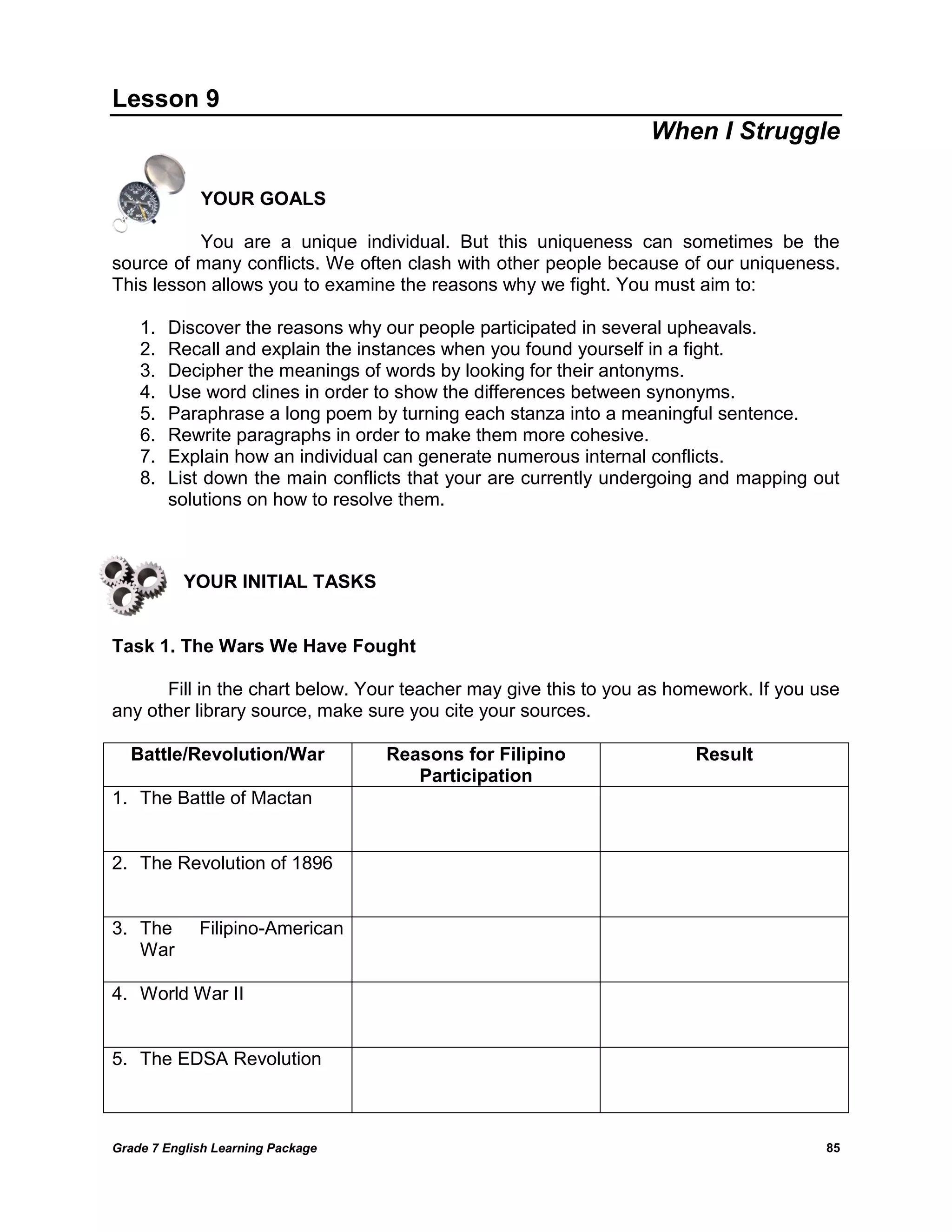 Grade 7 English Learning Package 
85 
Lesson 9 
When I Struggle 
YOUR GOALS 
You are a unique individual. But this uniqueness can sometimes be the source of many conflicts. We often clash with other people because of our uniqueness. This lesson allows you to examine the reasons why we fight. You must aim to: 
1. Discover the reasons why our people participated in several upheavals. 
2. Recall and explain the instances when you found yourself in a fight. 
3. Decipher the meanings of words by looking for their antonyms. 
4. Use word clines in order to show the differences between synonyms. 
5. Paraphrase a long poem by turning each stanza into a meaningful sentence. 
6. Rewrite paragraphs in order to make them more cohesive. 
7. Explain how an individual can generate numerous internal conflicts. 
8. List down the main conflicts that your are currently undergoing and mapping out solutions on how to resolve them. 
YOUR INITIAL TASKS 
Task 1. The Wars We Have Fought 
Fill in the chart below. Your teacher may give this to you as homework. If you use any other library source, make sure you cite your sources. 
Battle/Revolution/War 
Reasons for Filipino Participation 
Result 
1. The Battle of Mactan 
2. The Revolution of 1896 
3. The Filipino-American War 
4. World War II 
5. The EDSA Revolution 
 