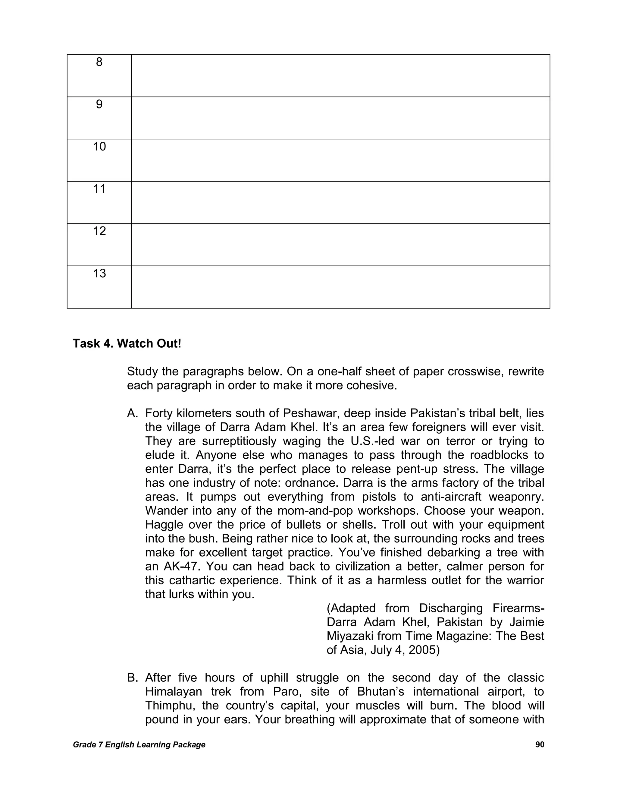 Grade 7 English Learning Package 
90 
8 
9 
10 
11 
12 
13 
Task 4. Watch Out! 
Study the paragraphs below. On a one-half sheet of paper crosswise, rewrite each paragraph in order to make it more cohesive. 
A. Forty kilometers south of Peshawar, deep inside Pakistan‘s tribal belt, lies the village of Darra Adam Khel. It‘s an area few foreigners will ever visit. They are surreptitiously waging the U.S.-led war on terror or trying to elude it. Anyone else who manages to pass through the roadblocks to enter Darra, it‘s the perfect place to release pent-up stress. The village has one industry of note: ordnance. Darra is the arms factory of the tribal areas. It pumps out everything from pistols to anti-aircraft weaponry. Wander into any of the mom-and-pop workshops. Choose your weapon. Haggle over the price of bullets or shells. Troll out with your equipment into the bush. Being rather nice to look at, the surrounding rocks and trees make for excellent target practice. You‘ve finished debarking a tree with an AK-47. You can head back to civilization a better, calmer person for this cathartic experience. Think of it as a harmless outlet for the warrior that lurks within you. 
(Adapted from Discharging Firearms- Darra Adam Khel, Pakistan by Jaimie Miyazaki from Time Magazine: The Best of Asia, July 4, 2005) 
B. After five hours of uphill struggle on the second day of the classic Himalayan trek from Paro, site of Bhutan‘s international airport, to Thimphu, the country‘s capital, your muscles will burn. The blood will pound in your ears. Your breathing will approximate that of someone with  