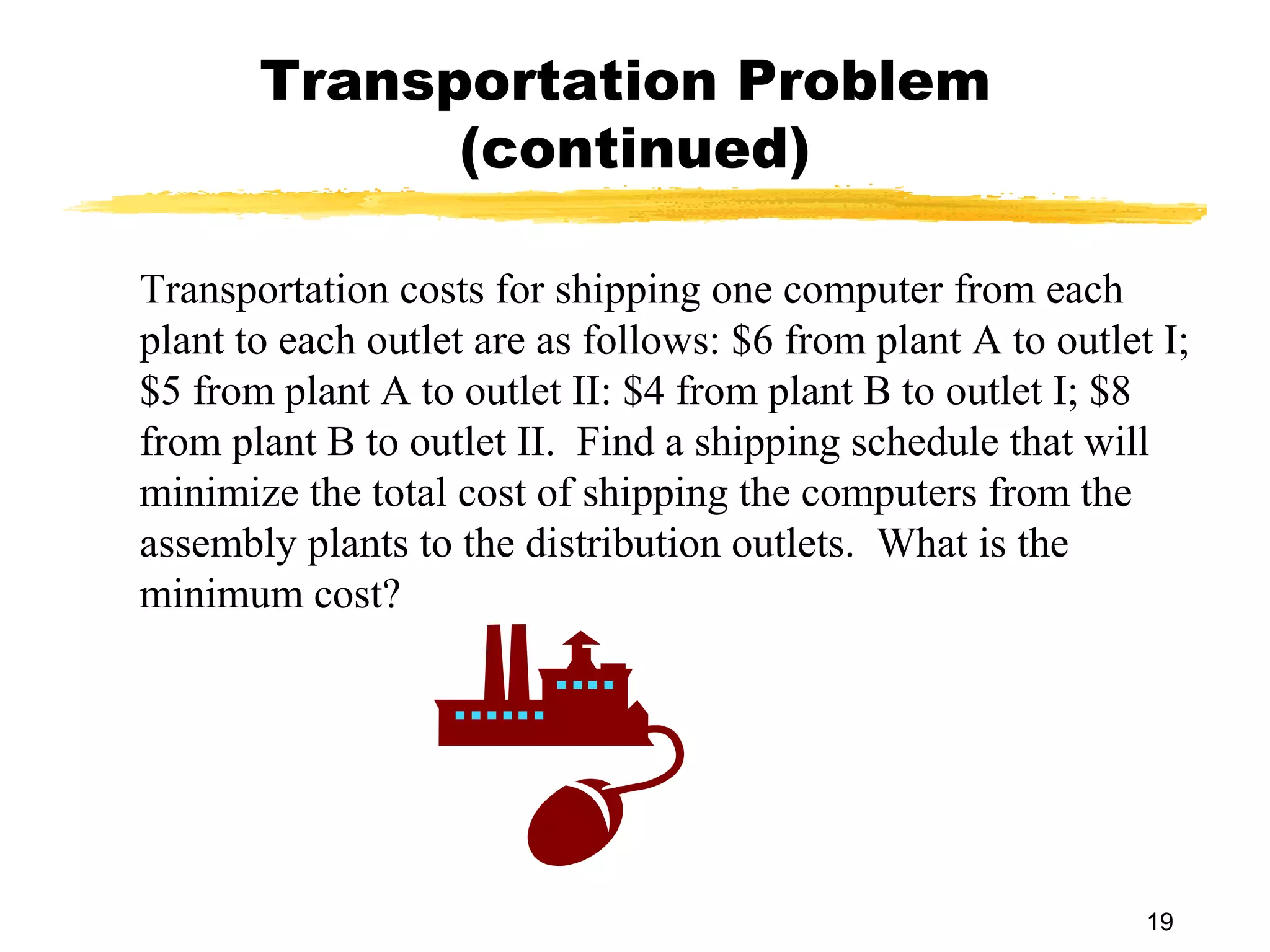 Transportation Problem
             (continued)

Transportation costs for shipping one computer from each
plant to each outlet are as follows: $6 from plant A to outlet I;
$5 from plant A to outlet II: $4 from plant B to outlet I; $8
from plant B to outlet II. Find a shipping schedule that will
minimize the total cost of shipping the computers from the
assembly plants to the distribution outlets. What is the
minimum cost?




                                                              19
 