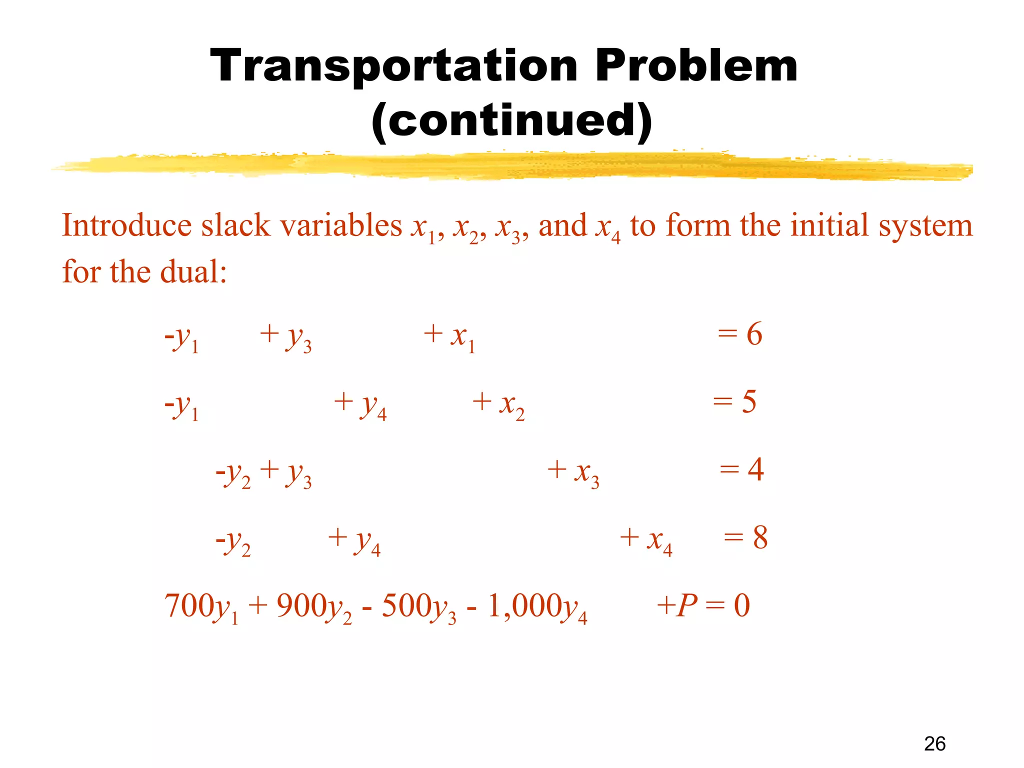 Transportation Problem
                   (continued)

Introduce slack variables x1, x2, x3, and x4 to form the initial system
for the dual:
       -y1         + y3          + x1                    =6
       -y1                + y4      + x2                 =5
             -y2 + y3                      + x3          =4
             -y2          + y4                    + x4   =8
       700y1 + 900y2 - 500y3 - 1,000y4              +P = 0


                                                                   26
 