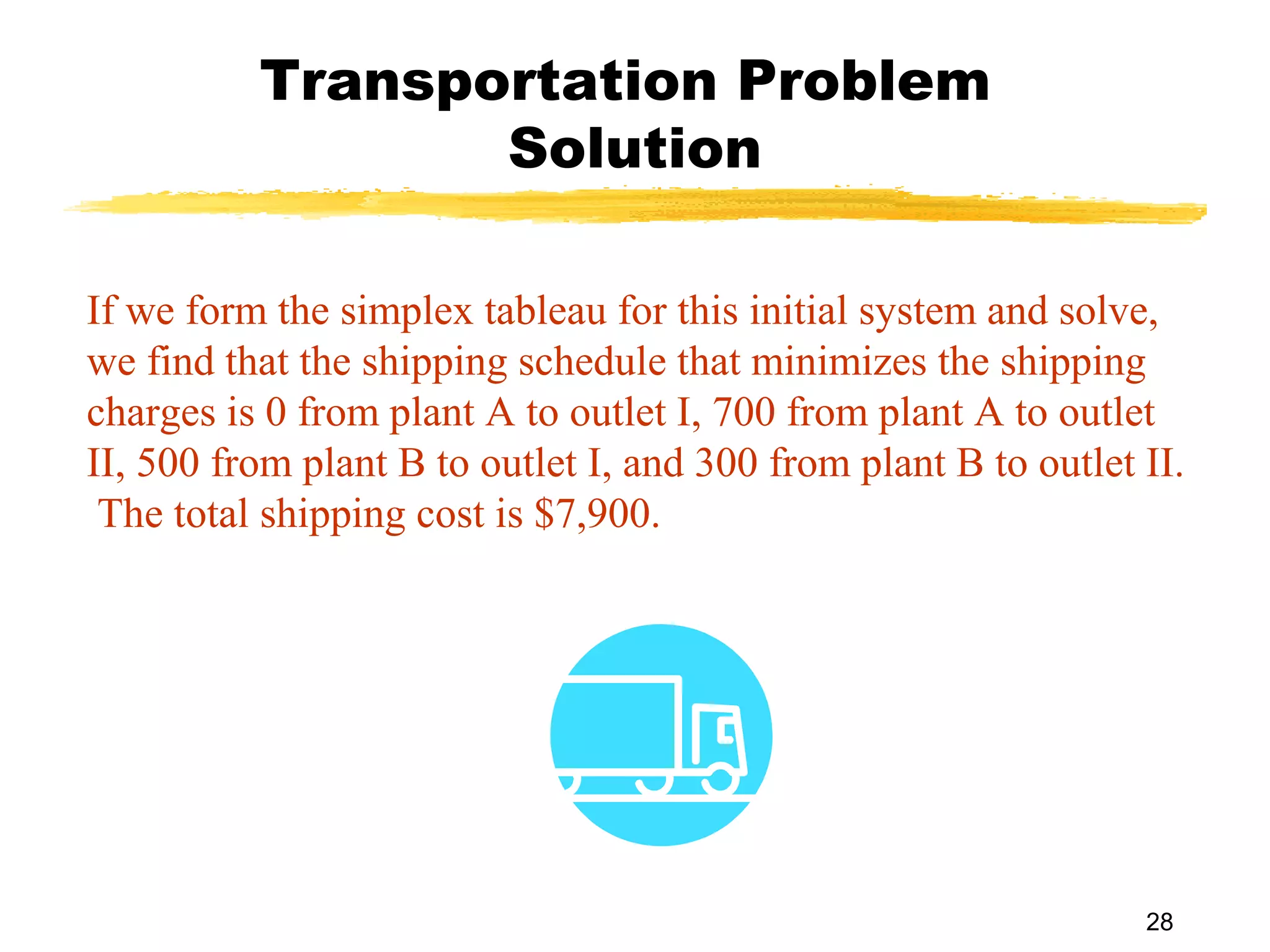 Transportation Problem
                 Solution

If we form the simplex tableau for this initial system and solve,
we find that the shipping schedule that minimizes the shipping
charges is 0 from plant A to outlet I, 700 from plant A to outlet
II, 500 from plant B to outlet I, and 300 from plant B to outlet II.
 The total shipping cost is $7,900.




                                                                 28
 