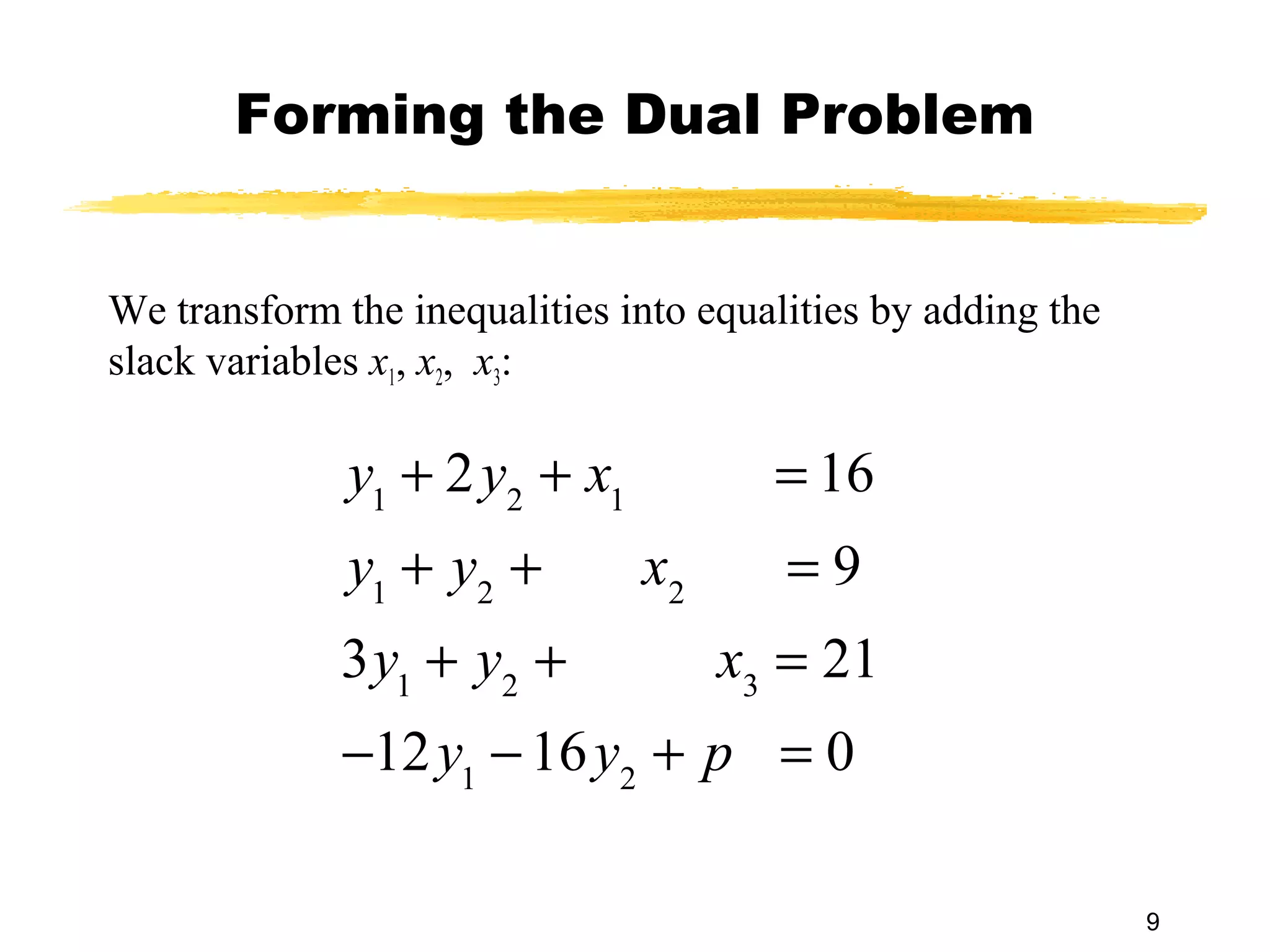 Forming the Dual Problem


We transform the inequalities into equalities by adding the
slack variables x1, x2, x3:

              y1 + 2 y2 + x1           = 16
              y1 + y2 +        x2       =9
             3y1 + y2 +             x3 = 21
             −12 y1 − 16 y2 + p = 0

                                                              9
 