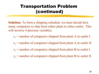 Transportation Problem
              (continued)

Solution: To form a shipping schedule, we must decide how
many computers to ship from either plant to either outlet. This
will involve 4 decision variables:
   x1 = number of computers shipped from plant A to outlet I
   x2 = number of computers shipped from plant A to outlet II
   x3 = number of computers shipped from plant B to outlet I
   x4 = number of computers shipped from plant B to outlet II



                                                             20
 