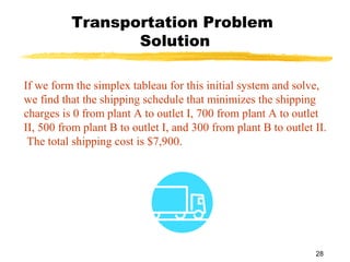 Transportation Problem
                 Solution

If we form the simplex tableau for this initial system and solve,
we find that the shipping schedule that minimizes the shipping
charges is 0 from plant A to outlet I, 700 from plant A to outlet
II, 500 from plant B to outlet I, and 300 from plant B to outlet II.
 The total shipping cost is $7,900.




                                                                 28
 
