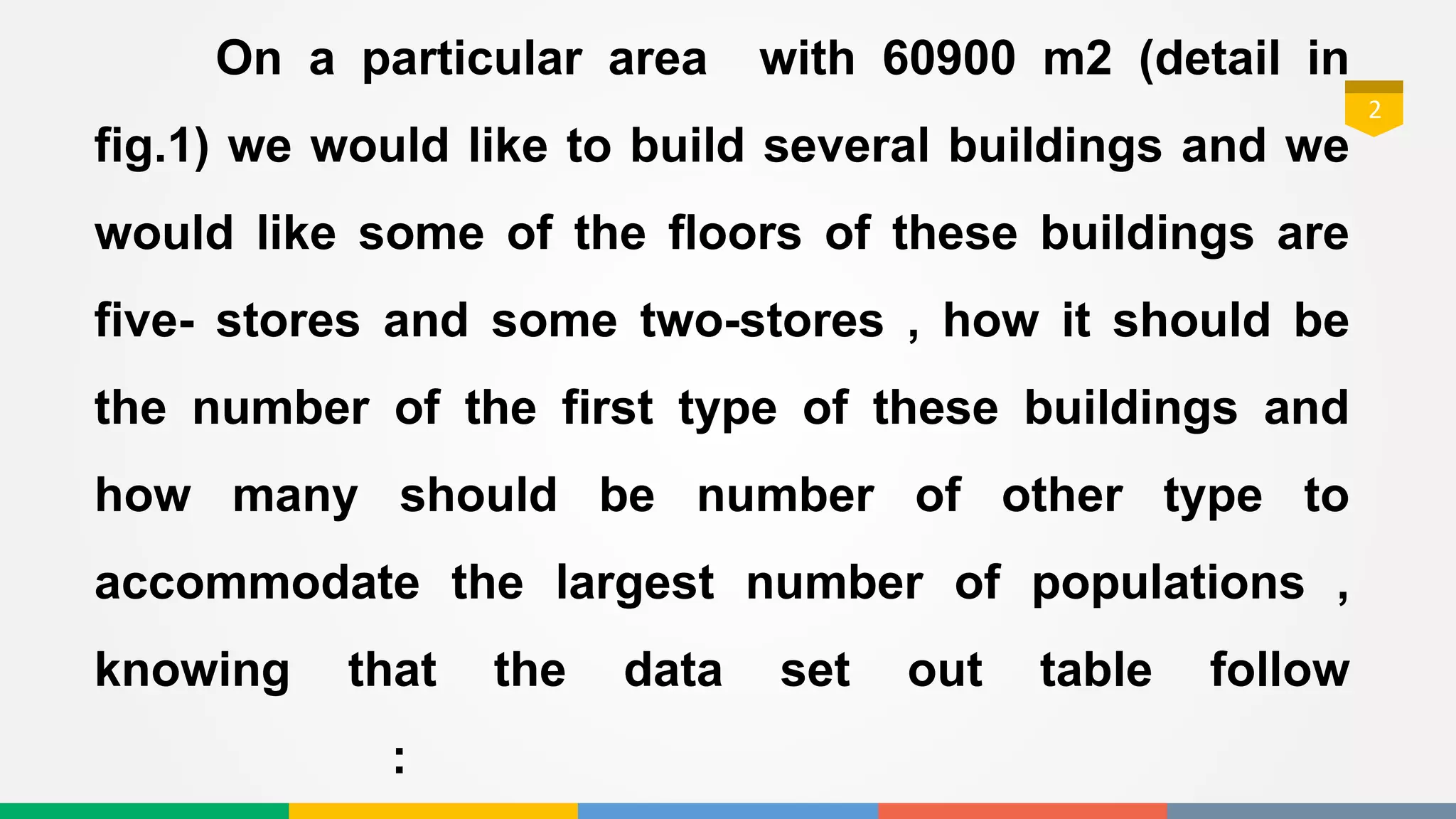 2
On a particular area with 60900 m2 (detail in
fig.1) we would like to build several buildings and we
would like some of the floors of these buildings are
five- stores and some two-stores , how it should be
the number of the first type of these buildings and
how many should be number of other type to
accommodate the largest number of populations ,
knowing that the data set out table follow
:
2
 