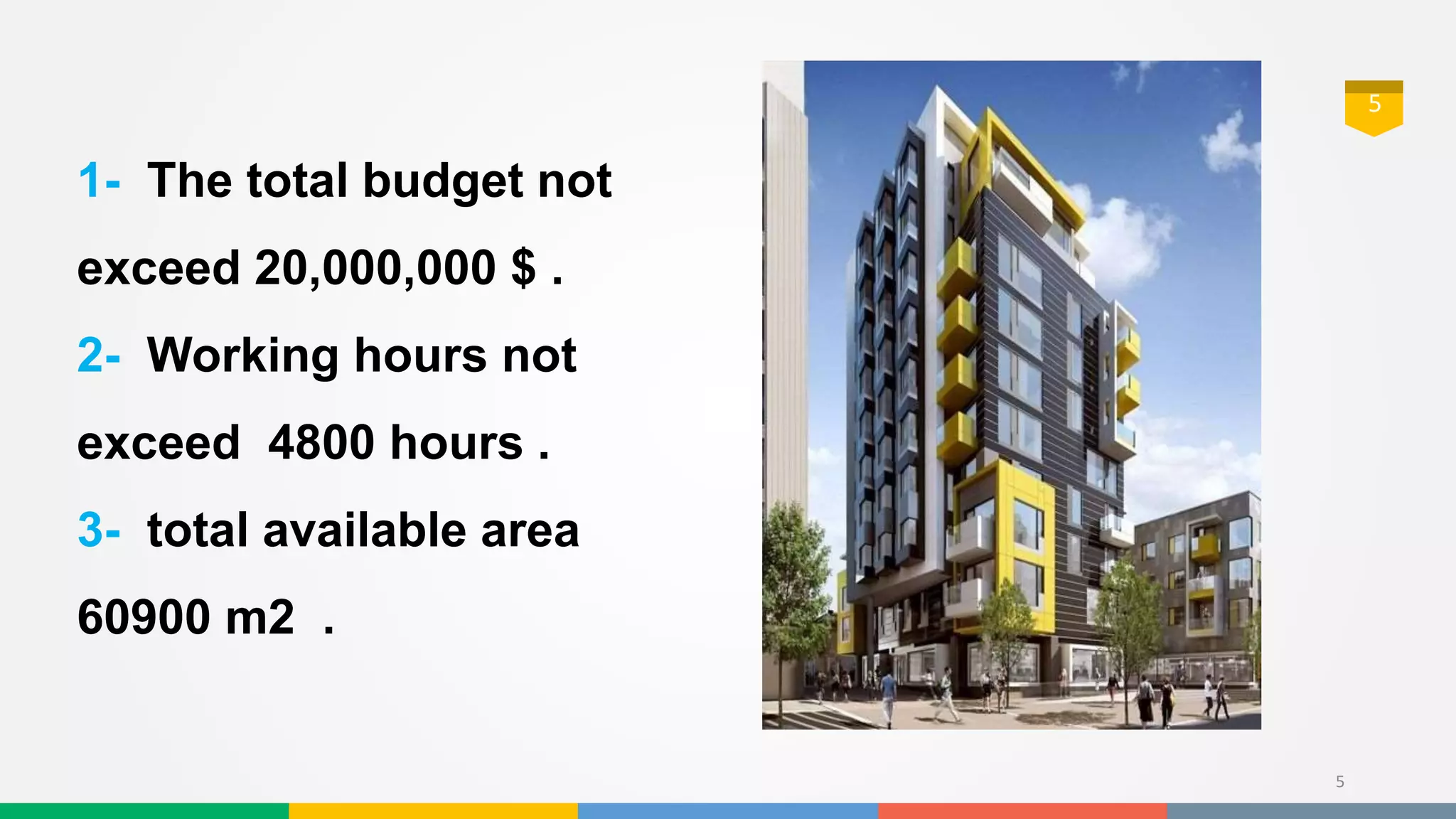 5
5
1- The total budget not
exceed 20,000,000 $ .
2- Working hours not
exceed 4800 hours .
3- total available area
60900 m2 .
 