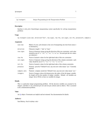 lp.transport                                                                                            7




  lp.transport                Integer Programming for the Transportation Problem



Description
    Interface to lp_solve linear/integer programming system speciﬁcally for solving transportation
    problems

Usage
    lp.transport (cost.mat, direction="min", row.signs, row.rhs, col.signs, col.rhs, presolve=0, compute.s

Arguments
    cost.mat           Matrix of costs; ij-th element is the cost of transporting one item from source i
                       to destination j.
    direction          Character, length 1: "min" or "max"
    row.signs          Vector of character strings giving the direction of the row constraints: each value
                       should be one of "<," "<=," "=," "==," ">," or ">=." (In each pair the two values
                       are identical.)
    row.rhs            Vector of numeric values for the right-hand sides of the row constraints.
    col.signs          Vector of character strings giving the direction of the column constraints: each
                       value should be one of "<," "<=," "=," "==," ">," or ">=."
    col.rhs            Vector of numeric values for the right-hand sides of the column constraints.
    presolve           Numeric: presolve? Default 0 (no); any non-zero value means "yes." Currently
                       ignored.
    compute.sens       Numeric: compute sensitivity? Default 0 (no); any non-zero value means "yes."
    integers           Vector of integers whose ith element gives the index of the ith integer variable.
                       Its length will be the number of integer variables. Default: all variables are
                       integer. Set to NULL to have no variables be integer.

Details
    This is a particular integer programming problem. All the decision variables are assumed to be
    integers, and there is one constraint per row and one per column (and no others). This is assumed
    to be a minimization problem.

Value
    An lp object. Constraints are implicit and not returned. See documentation for details.

Author(s)
    Sam Buttrey, <buttrey@nps.edu>
 
