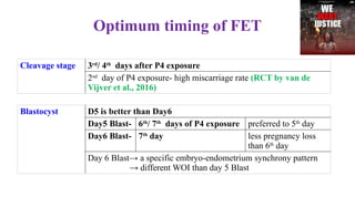 Optimum timing of FET
Cleavage stage 3rd
/ 4th
days after P4 exposure
2nd
day of P4 exposure- high miscarriage rate (RCT by van de
Vijver et al., 2016)
Blastocyst D5 is better than Day6
Day5 Blast- 6th
/ 7th
days of P4 exposure preferred to 5th
day
Day6 Blast- 7th
day less pregnancy loss
than 6th
day
Day 6 Blast→ a specific embryo-endometrium synchrony pattern
→ different WOI than day 5 Blast
 