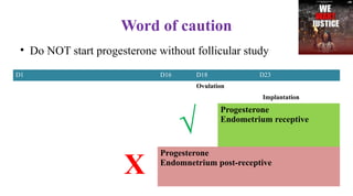 D1 D16 D18 D23
Ovulation
Implantation
√
Progesterone
Endometrium receptive
X
Progesterone
Endomnetrium post-receptive
Word of caution
• Do NOT start progesterone without follicular study
 