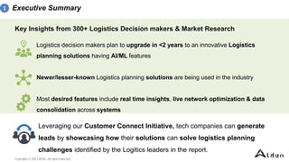 Copyright © 2023 AGVA. All rightsreserved.
Executive Summary
Leveraging our Customer Connect Initiative, tech companies can generate
leads by showcasing how their solutions can solve logistics planning
challenges identified by the Logitics leaders in the report.
Logistics decision makers plan to upgrade in <2 years to an innovative Logistics
planning solutions having AI/ML features
Newer/lesser-known Logistics planning solutions are being used in the industry
Most desired features include real time insights, live network optimization & data
consolidation across systems
Key Insights from 300+ Logistics Decision makers & Market Research
1
 