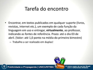 Tarefa do encontro

• Encontrar, em textos publicados em qualquer suporte (livros,
  revistas, internet etc.), um exemplo de cada função da
  linguagem em uso e entregar, virtualmente, ao professor,
  indicando as fontes de referência. Prazo: até o dia 03 de
  abril. (Valor: até 1,0 ponto na média do primeiro bimestre)
   – Trabalho a ser realizado em duplas!
 