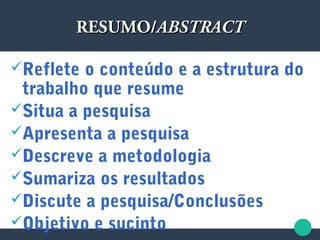 RESUMO/RESUMO/ABSTRACTABSTRACT
Reflete o conteúdo e a estrutura do
trabalho que resume
Situa a pesquisa
Apresenta a pesquisa
Descreve a metodologia
Sumariza os resultados
Discute a pesquisa/Conclusões
Objetivo e sucinto
 